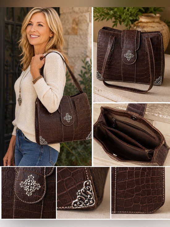 Handbags - Embellished Croc Embossed Brown Shoulder Bag Silver Accent Purse